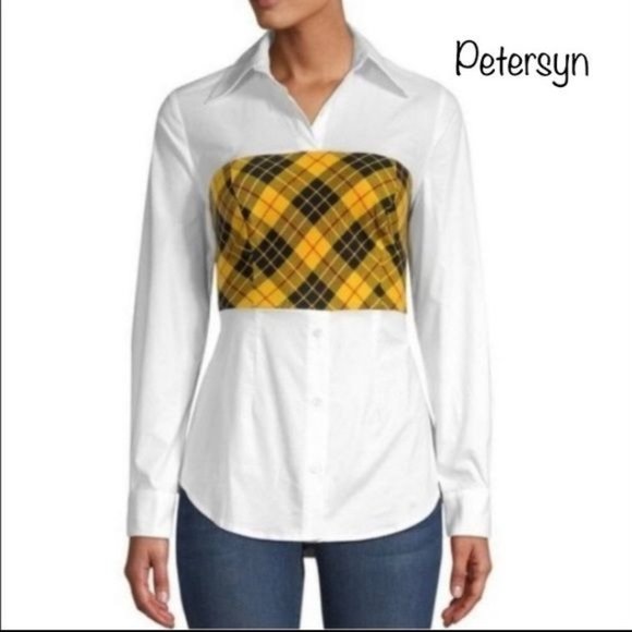 Petersyn Monroe Blouse Plaid Tartan Panel Tie Back Blouse White Yellow S - Picture 16 of 16